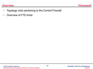 Honeywell
100
3/28/2023
Overview
• Topology rules pertaining to the Control Firewall
• Overview of FTE limits
C300 Controller Architecture
Describe the Control Firewall Connections in the Series C System
EXP20R300 - EPKS CEE C200/C300/ACE
 