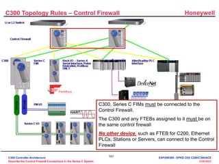 Honeywell
101
3/28/2023
C300 Topology Rules – Control Firewall
C300, Series C FIMs must be connected to the
Control Firewall.
The C300 and any FTEBs assigned to it must be on
the same control firewall
No other device, such as FTEB for C200, Ethernet
PLCs, Stations or Servers, can connect to the Control
Firewall
C300 Controller Architecture
Describe the Control Firewall Connections in the Series C System
EXP20R300 - EPKS CEE C200/C300/ACE
 