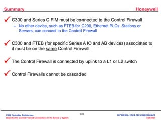 Honeywell
105
3/28/2023
Summary
• C300 and Series C FIM must be connected to the Control Firewall
– No other device, such as FTEB for C200, Ethernet PLCs, Stations or
Servers, can connect to the Control Firewall
• C300 and FTEB (for specific Series A IO and AB devices) associated to
it must be on the same Control Firewall
• The Control Firewall is connected by uplink to a L1 or L2 switch
• Control Firewalls cannot be cascaded




C300 Controller Architecture
Describe the Control Firewall Connections in the Series C System
EXP20R300 - EPKS CEE C200/C300/ACE
 