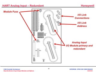 Honeywell
41
3/28/2023
HART Analog Input – Redundant
I/O Link
Connections
Analog Input
I/O Module primary and
redundant
I/O Link
Address
Module Fuse
C300 Controller Architecture
Describe Series C Input-Output Modules and Options
EXP20R300 - EPKS CEE C200/C300/ACE
 