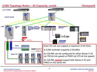 Honeywell
70
3/28/2023
C300 Topology Rules – IO Capacity, contd.
Each IO Link can support a maximum of 40 IOUs
A C300 controller supports 2 IOLINKs
An IOLINK can be configured for either Series C IO
(at 750 kb link speed) or PMIO (at 375 kb link speed)
An IOLINK cannot support both Series C IO and
PMIO on the same link
C300 Controller Architecture
Describe the IO Topology Rules for the Series C System
EXP20R300 - EPKS CEE C200/C300/ACE
 