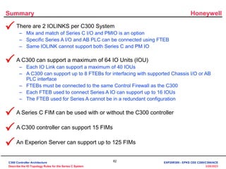 Honeywell
82
3/28/2023
Summary
• There are 2 IOLINKS per C300 System
– Mix and match of Series C I/O and PMIO is an option
– Specific Series A I/O and AB PLC can be connected using FTEB
– Same IOLINK cannot support both Series C and PM IO
• A C300 can support a maximum of 64 IO Units (IOU)
– Each IO Link can support a maximum of 40 IOUs
– A C300 can support up to 8 FTEBs for interfacing with supported Chassis I/O or AB
PLC interface
– FTEBs must be connected to the same Control Firewall as the C300
– Each FTEB used to connect Series A IO can support up to 16 IOUs
– The FTEB used for Series A cannot be in a redundant configuration
• A Series C FIM can be used with or without the C300 controller
• A C300 controller can support 15 FIMs
• An Experion Server can support up to 125 FIMs





C300 Controller Architecture
Describe the IO Topology Rules for the Series C System
EXP20R300 - EPKS CEE C200/C300/ACE
 