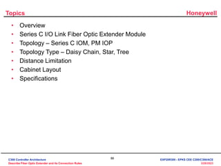 Honeywell
86
3/28/2023
• Overview
• Series C I/O Link Fiber Optic Extender Module
• Topology – Series C IOM, PM IOP
• Topology Type – Daisy Chain, Star, Tree
• Distance Limitation
• Cabinet Layout
• Specifications
Topics
C300 Controller Architecture
Describe Fiber Optic Extender and its Connection Rules
EXP20R300 - EPKS CEE C200/C300/ACE
 