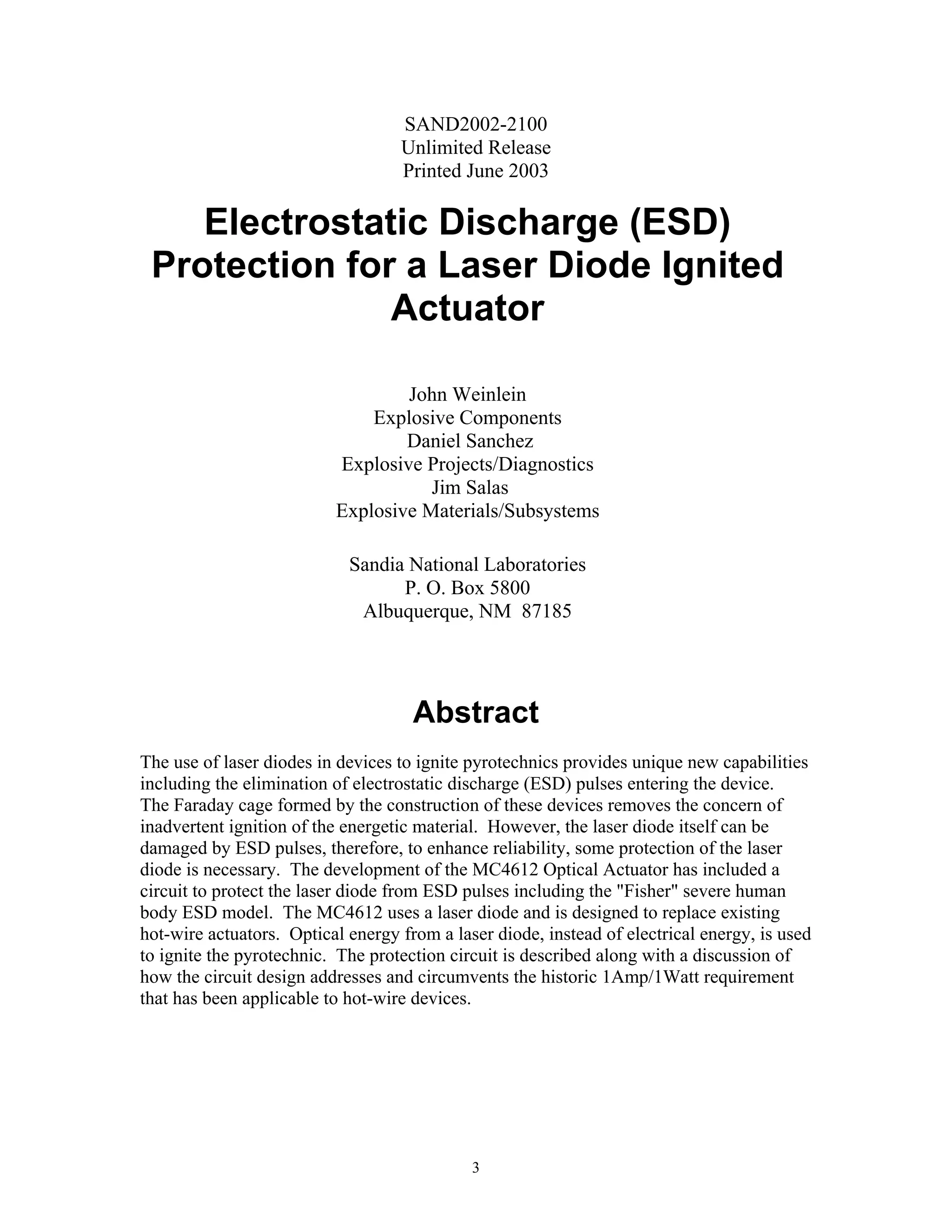 Electrostatic Discharge (ESD) Protection for a Laser Diode Ignited ...