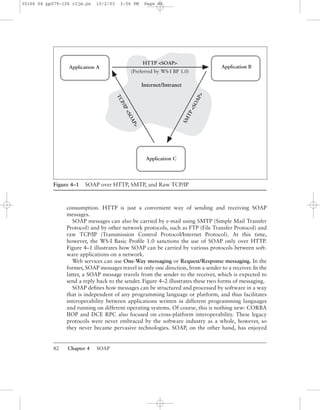 82 Chapter 4 SOAP
consumption. HTTP is just a convenient way of sending and receiving SOAP
messages.
SOAP messages can also be carried by e-mail using SMTP (Simple Mail Transfer
Protocol) and by other network protocols, such as FTP (File Transfer Protocol) and
raw TCP/IP (Transmission Control Protocol/Internet Protocol). At this time,
however, the WS-I Basic Proﬁle 1.0 sanctions the use of SOAP only over HTTP.
Figure 4–1 illustrates how SOAP can be carried by various protocols between soft-
ware applications on a network.
Web services can use One-Way messaging or Request/Response messaging. In the
former, SOAP messages travel in only one direction, from a sender to a receiver. In the
latter, a SOAP message travels from the sender to the receiver, which is expected to
send a reply back to the sender. Figure 4–2 illustrates these two forms of messaging.
SOAP deﬁnes how messages can be structured and processed by software in a way
that is independent of any programming language or platform, and thus facilitates
interoperability between applications written in different programming languages
and running on different operating systems. Of course, this is nothing new: CORBA
IIOP and DCE RPC also focused on cross-platform interoperability. These legacy
protocols were never embraced by the software industry as a whole, however, so
they never became pervasive technologies. SOAP, on the other hand, has enjoyed
Figure 4–1 SOAP over HTTP, SMTP, and Raw TCP/IP
Application A Application B
Application C
Internet/Intranet
TCP/IP<SOAP>
SMTP<SOAP>
HTTP <SOAP>
(Preferred by WS-I BP 1.0)
30166 04 pp079-126 r2jm.ps 10/2/03 3:56 PM Page 82
 