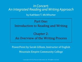 In Concert:
An Integrated Reading and Writing Approach
by Kathleen T. McWhorter

Part One:
Introduction to Reading and Writing
Chapter 2:
An Overview of the Writing Process
PowerPoint by Sarah Gilliam, Instructor of English

Mountain Empire Community College

 