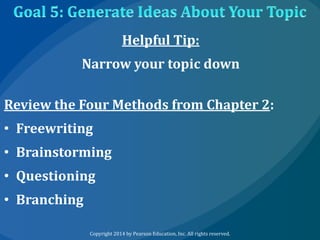 Helpful Tip:
Narrow your topic down
Review the Four Methods from Chapter 2:
• Freewriting
• Brainstorming
• Questioning

• Branching
Copyright 2014 by Pearson Education, Inc. All rights reserved.

 