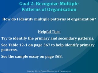 How do I identify multiple patterns of organization?
Helpful Tips:

Try to identify the primary and secondary patterns.
See Table 12-1 on page 367 to help identify primary
patterns.
See the sample essay on page 368.

Copyright 2014 by Pearson Education, Inc. All rights reserved.

 