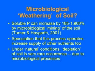 Microbiological ‘Weathering’  of Soil? <ul><li>Soluble P can increase by 185-1,900% by microbiological ‘mining’ of the soi...