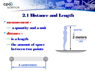 2.1 Distance and Length
 measurement -
— a quantity and a unit
 distance -
— is a length
— the amount of space
between two points
 