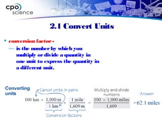  conversion factor-
— is the numberby which you
multiply ordivide a quantity in
one unit to express the quantity in
a different unit.
2.1 Convert Units
 