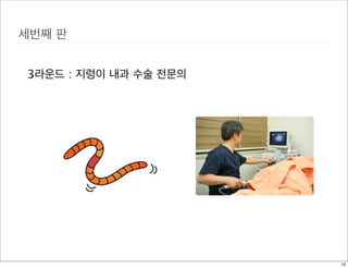 시작 (나는 전문가다)

 1명의 전문가와 2명의 기자 간의 짧은 인터뷰
  1.3명이 모여서 한 팀을 만듭니다.
  2.1명은 전문가 역할, 2명은 기자 역할을 맡습니다. (3회 진행,각 3분)
      - 적극적으로 그 비법을 알아내는 인터뷰를 합니다
  3.기자는 해당 분야의 비 전문가로서, 전문가가 어떻게 그러한 특수한
    노하우를 갖게 되었는지 날카로운 질문으로 파악 해 냅니다.
  4.전문가는 최대한 사실적으로 자신의 전문 노하우를 공개합니다.




                                                10
 
