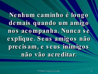 Nenhum caminho é longo demais quando um amigo nos acompanha. Nunca se explique. Seus amigos não precisam, e seus inimigos não vão acreditar. 