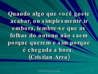 Quando algo que você goste acabar, ou simplesmente ir embora, lembre-se que as folhas do outono não caem porque querem e sim porque é chegada a hora.  (Cristian Arza) 