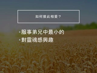 如何彼此相愛？
•服事弟兄中最小的
•對靈魂感興趣
 