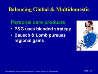 Copyright ©2006 by South-Western, a division of Thomson Learning. All rights reserved. Slide 7-24
Balancing Global & Multidomestic
Personal care products
• P&G uses blended strategy
• Bausch & Lomb pursues
regional gains
 