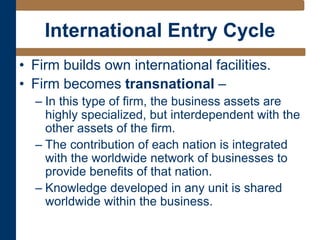 International Entry Cycle
• Firm builds own international facilities.
• Firm becomes transnational –
– In this type of firm, the business assets are
highly specialized, but interdependent with the
other assets of the firm.
– The contribution of each nation is integrated
with the worldwide network of businesses to
provide benefits of that nation.
– Knowledge developed in any unit is shared
worldwide within the business.
 