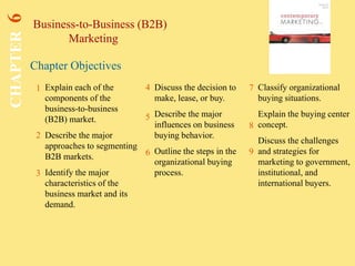 Chapter Objectives
Business-to-Business (B2B)
Marketing
CHAPTER
6
1
2
4 7
8
Explain each of the
components of the
business-to-business
(B2B) market.
Describe the major
approaches to segmenting
B2B markets.
Identify the major
characteristics of the
business market and its
demand.
Discuss the decision to
make, lease, or buy.
Describe the major
influences on business
buying behavior.
Outline the steps in the
organizational buying
process.
Classify organizational
buying situations.
Explain the buying center
concept.
Discuss the challenges
and strategies for
marketing to government,
institutional, and
international buyers.
5
3
6 9
 