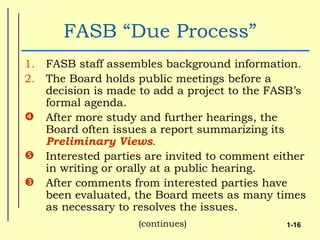 FASB “Due Process”
1. FASB staff assembles background information.
2. The Board holds public meetings before a
   decision is made to add a project to the FASB’s
   formal agenda.
 After more study and further hearings, the
   Board often issues a report summarizing its
   Preliminary Views.
 Interested parties are invited to comment either
   in writing or orally at a public hearing.
 After comments from interested parties have
   been evaluated, the Board meets as many times
   as necessary to resolves the issues.
                    (continues)               1-16
 