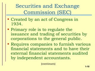Securities and Exchange
      Commission (SEC)
• Created by an act of Congress in
  1934.
• Primary role is to regulate the
  issuance and trading of securities by
  corporations to the general public.
• Requires companies to furnish various
  financial statements and to have their
  external financial statements audited
  by independent accountants.
                (continues)
                                     1-19
 