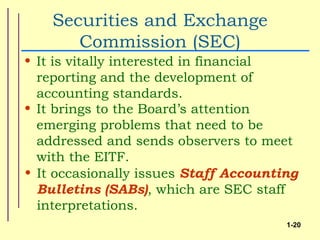 Securities and Exchange
       Commission (SEC)
• It is vitally interested in financial
  reporting and the development of
  accounting standards.
• It brings to the Board’s attention
  emerging problems that need to be
  addressed and sends observers to meet
  with the EITF.
• It occasionally issues Staff Accounting
  Bulletins (SABs), which are SEC staff
  interpretations.
                                       1-20
 