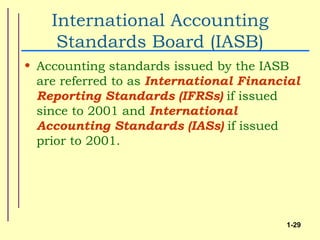 International Accounting
     Standards Board (IASB)
• Accounting standards issued by the IASB
  are referred to as International Financial
  Reporting Standards (IFRSs) if issued
  since to 2001 and International
  Accounting Standards (IASs) if issued
  prior to 2001.




                                         1-29
 