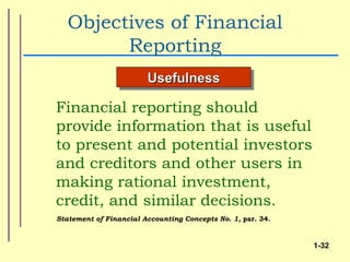 Objectives of Financial
         Reporting
                        Usefulness

Financial reporting should
provide information that is useful
to present and potential investors
and creditors and other users in
making rational investment,
credit, and similar decisions.
Statement of Financial Accounting Concepts No. 1, par. 34.


                                                             1-32
 