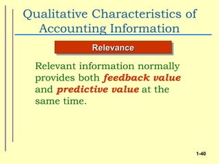 Qualitative Characteristics of
  Accounting Information
             Relevance

  Relevant information normally
  provides both feedback value
  and predictive value at the
  same time.




                                  1-40
 