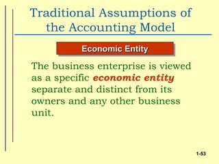Traditional Assumptions of
  the Accounting Model
          Economic Entity

The business enterprise is viewed
as a specific economic entity
separate and distinct from its
owners and any other business
unit.



                                    1-53
 