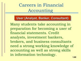 Careers in Financial
        Accounting
   User (Analyst, Banker, Consultant)
Many students take accounting in
preparation for becoming a user of
financial statements. Credit
analysts, investment bankers,
brokers, and business consultants
need a strong working knowledge of
accounting as well as strong skills
in information technology.
                                        1-60
 