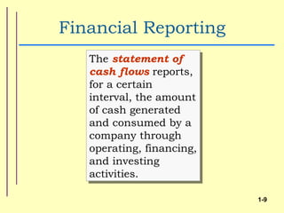 Financial Reporting
   The statement of
   cash flows reports,
   for a certain
   interval, the amount
   of cash generated
   and consumed by a
   company through
   operating, financing,
   and investing
   activities.

                           1-9
 