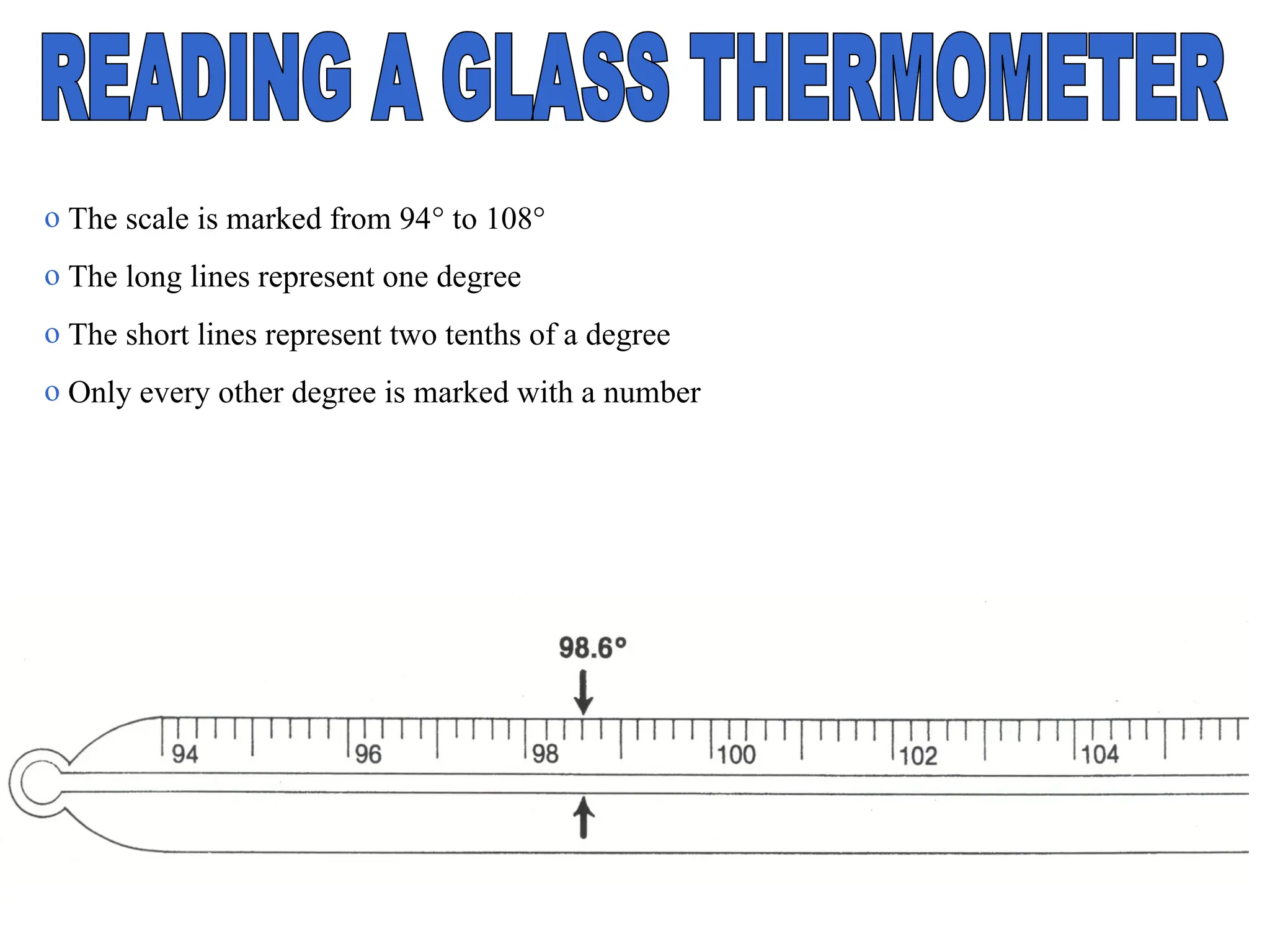 o The scale is marked from 94° to 108°
o The long lines represent one degree
o The short lines represent two tenths of a degree
o Only every other degree is marked with a number
 