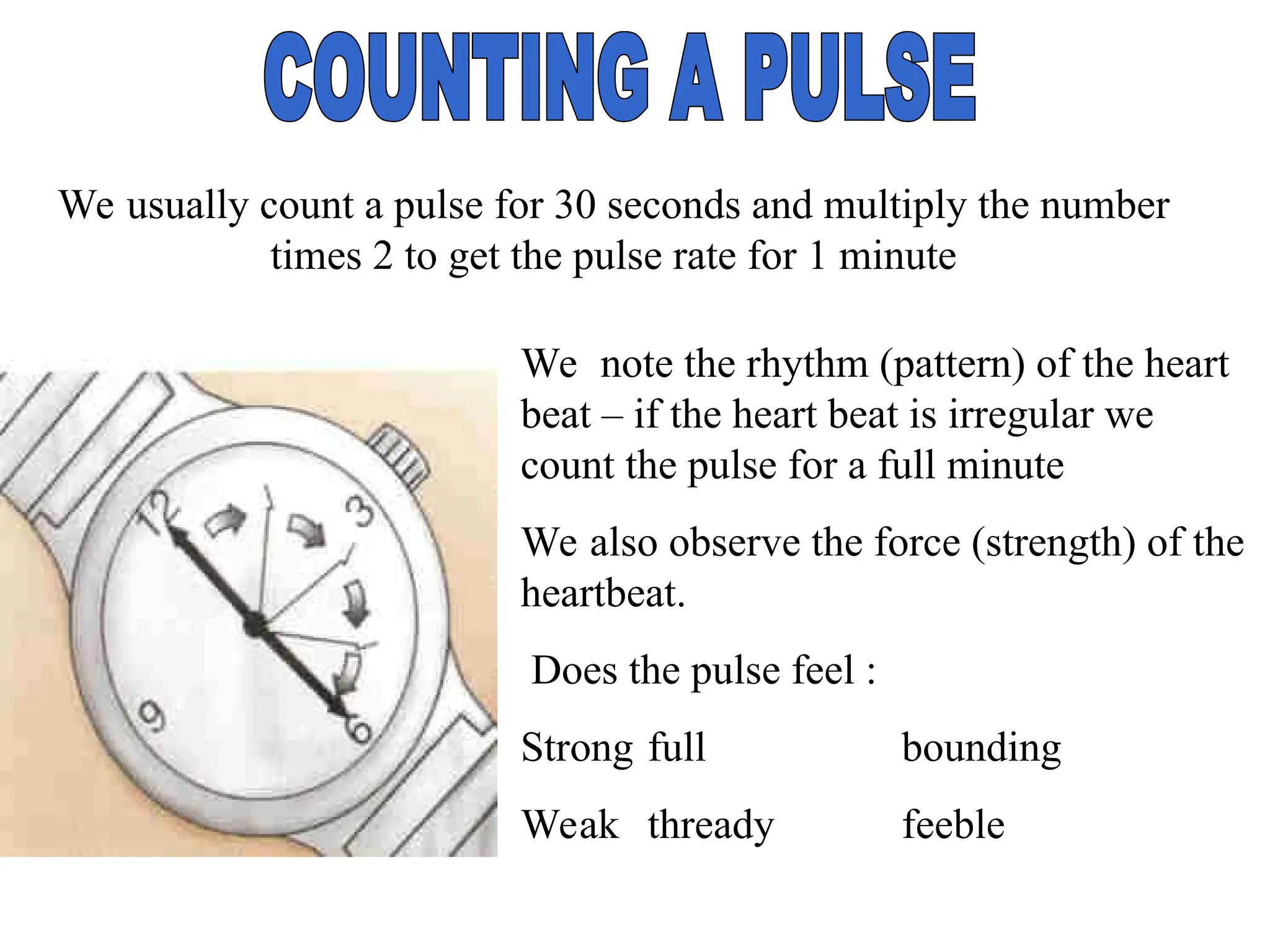 We usually count a pulse for 30 seconds and multiply the number
times 2 to get the pulse rate for 1 minute
We note the rhythm (pattern) of the heart
beat – if the heart beat is irregular we
count the pulse for a full minute
We also observe the force (strength) of the
heartbeat.
Does the pulse feel :
Strong full bounding
Weak thready feeble
 