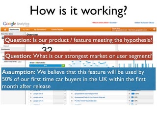 How is it working?
Question: Is our product / feature meeting the hypothesis?
Assumption: We believe that this feature wil...