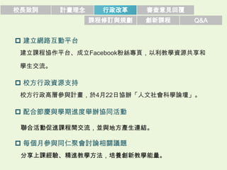 校長致詞     計畫理念     行政改革    審查意見回覆
                課程修訂與規劃   創新課程     Q&A


 建立網路互動平台
 建立課程協作平台、成立Facebook粉絲專頁，以利教學資源共享和

 學生交流。

 校方行政資源支持
 校方行政高層參與計畫，於4月22日協辦「人文社會科學論壇」。

 配合節慶與學期進度舉辦協同活動

 聯合活動促進課程間交流，並與地方產生連結。

 每個月參與同仁聚會討論相關議題
 分享上課經驗、精進教學方法，培養創新教學能量。
 