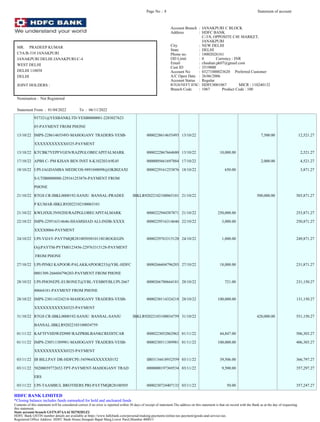 937321@YESBANKLTD-YESB0000001-2283027623
85-PAYMENT FROM PHONE
13/10/22 IMPS-228614655493-MAHOGANY TRADERS-YESB- 0000228614655493 13/10/22 7,500.00 12,521.27
XXXXXXXXXXX0325-PAYMENT
13/10/22 KTCBK7YEPFVGEN/RAZPGLOBECAPITALMARK 0000222867664680 13/10/22 10,000.00 2,521.27
17/10/22 APBS C- PM KISAN BEN INST 8-K102203A9E45 0000005661697884 17/10/22 2,000.00 4,521.27
18/10/22 UPI-JAGDAMBA MEDICOS-9891048098@OKBIZAXI 0000229161253876 18/10/22 650.00 3,871.27
S-UTIB0000000-229161253876-PAYMENT FROM
PHONE
21/10/22 RTGS CR-IBKL0000192-SANJU BANSAL-PRADEE IBKLR92022102100065101 21/10/22 500,000.00 503,871.27
P KUMAR-IBKLR92022102100065101
21/10/22 KWLHXIL3N9J2HI/RAZPGLOBECAPITALMARK 0000222944387871 21/10/22 250,000.00 253,871.27
22/10/22 IMPS-229516314646-SHAMSHAD ALI-INDB-XXXX 0000229516314646 22/10/22 3,000.00 250,871.27
XXXX0066-PAYMENT
24/10/22 UPI-VIJAY-PAYTMQR28100505010118I1ROGEGIN 0000229763315128 24/10/22 1,000.00 249,871.27
O@PAYTM-PYTM0123456-229763315128-PAYMENT
FROM PHONE
27/10/22 UPI-PINKI KAPOOR-PALAKKAPOOR233@YBL-HDFC 0000266604796203 27/10/22 18,000.00 231,871.27
0001309-266604796203-PAYMENT FROM PHONE
28/10/22 UPI-PHONEPE-EURONET@YBL-YESB0YBLUPI-2667 0000266780664181 28/10/22 721.00 231,150.27
80664181-PAYMENT FROM PHONE
28/10/22 IMPS-230114324218-MAHOGANY TRADERS-YESB- 0000230114324218 28/10/22 100,000.00 131,150.27
XXXXXXXXXXX0325-PAYMENT
31/10/22 RTGS CR-IBKL0000192-SANJU BANSAL-SANJU IBKLR92022103100034759 31/10/22 420,000.00 551,150.27
BANSAL-IBKLR92022103100034759
01/11/22 KAFTFVHDWZD98F/RAZPRBLBANKCREDITCAR 0000223052062962 01/11/22 44,847.00 506,303.27
01/11/22 IMPS-230511389981-MAHOGANY TRADERS-YESB- 0000230511389981 01/11/22 100,000.00 406,303.27
XXXXXXXXXXX0325-PAYMENT
03/11/22 IB BILLPAY DR-HDFCPE-545964XXXXXX0152 IB03134418932559 03/11/22 39,506.00 366,797.27
03/11/22 50200039772652-TPT-PAYMENT-MAHOGANY TRAD 0000000197369534 03/11/22 9,500.00 357,297.27
ERS
03/11/22 UPI-TAAMBUL BROTHERS PRI-PAYTMQR28100505 0000230724407132 03/11/22 50.00 357,247.27
Page No .: 8 Statement of account
MR. PRADEEP KUMAR
C5A/B-310 JANAKPURI
JANAKPURI DELHI JANAKPURI-C-4
WEST DELHI
DELHI 110058
DELHI
JOINT HOLDERS :
Nomination : Not Registered
Statement From : 01/04/2022 To : 06/11/2022
Account Branch : JANAKPURI C BLOCK
Address : HDFC BANK
C-3/8, OPPOSITE C4E MARKET,
JANAKPURI
City : NEW DELHI
State : DELHI
Phone no. : 18002026161
OD Limit : 0 Currency : INR
Email : chauhan.pk07@gmail.com
Cust ID : 3519000
Account No : 03271000023620 Preferred Customer
A/C Open Date : 26/06/2006
Account Status : Regular
RTGS/NEFT IFSC: HDFC0001067 MICR : 110240132
Branch Code : 1067 Product Code : 100
HDFC BANK LIMITED
*Closing balance includes funds earmarked for hold and uncleared funds
Contents of this statement will be considered correct if no error is reported within 30 days of receipt of statement.The address on this statement is that on record with the Bank as at the day of requesting
this statement.
State account branch GSTN:07AAACH2702H1Z2
HDFC Bank GSTIN number details are available at https://www.hdfcbank.com/personal/making-payments/online-tax-payment/goods-and-service-tax.
Registered Office Address: HDFC Bank House,Senapati Bapat Marg,Lower Parel,Mumbai 400013
 
