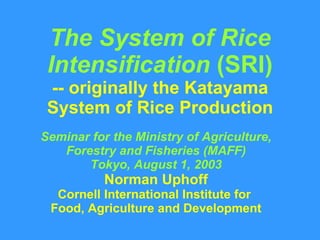 The System of Rice Intensification  (SRI) -- originally the Katayama System of Rice Production Seminar for the Ministry of Agriculture, Forestry and Fisheries (MAFF) Tokyo, August 1, 2003 Norman Uphoff Cornell International Institute for  Food, Agriculture and Development 