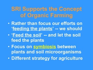 SRI Supports the Concept of Organic Farming <ul><li>Rather than focus our efforts on  ‘ feeding the plants ’ -- we should ...