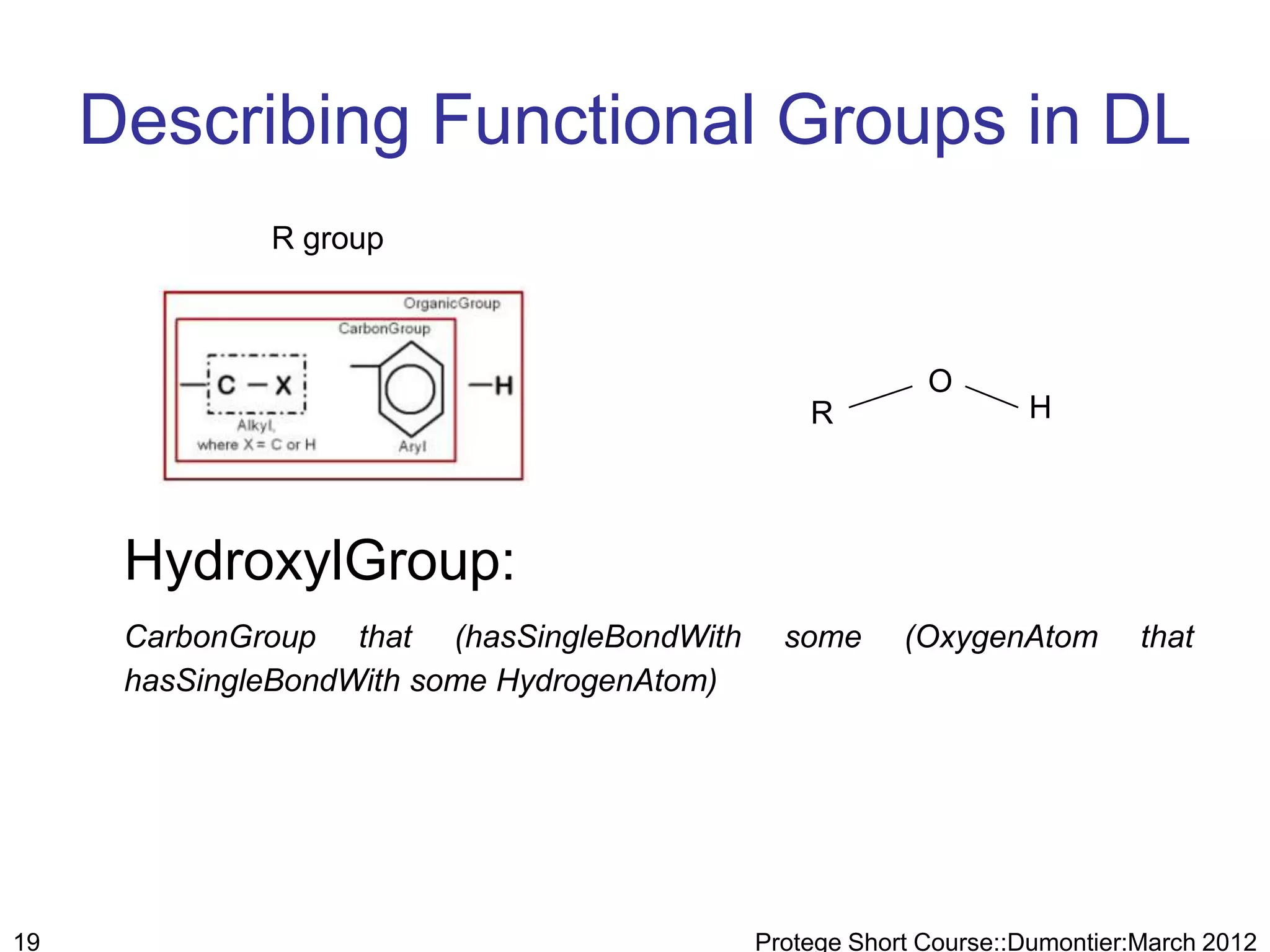 Describing Functional Groups in DL
              R group



                                                           O
                                                 R                 H




      HydroxylGroup:
      CarbonGroup that (hasSingleBondWith      some      (OxygenAtom         that
      hasSingleBondWith some HydrogenAtom)




19                                           Protege Short Course::Dumontier:March 2012
 