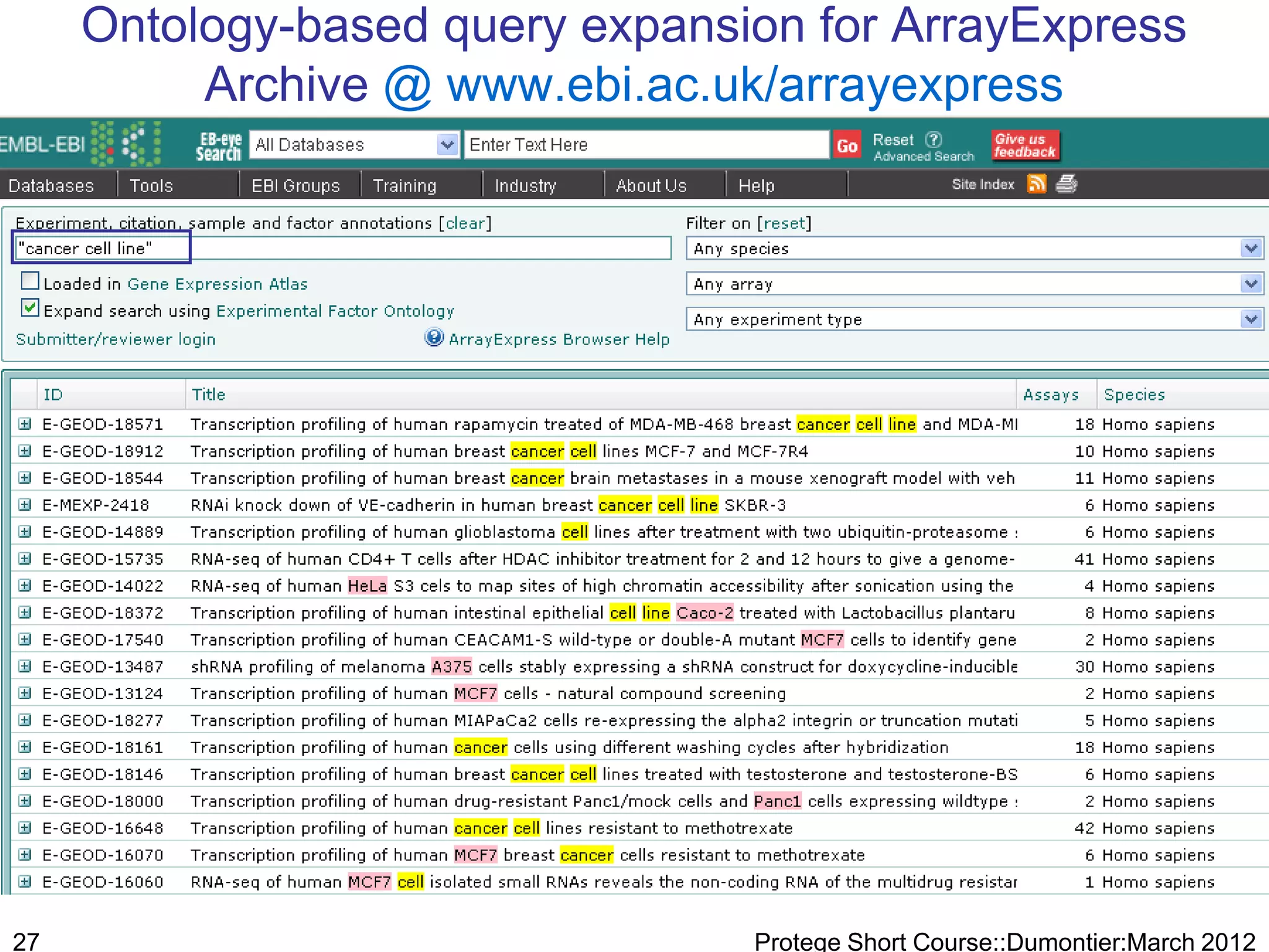 Ontology-based query expansion for ArrayExpress
          Archive @ www.ebi.ac.uk/arrayexpress




27                               Protege Short Course::Dumontier:March 2012
 