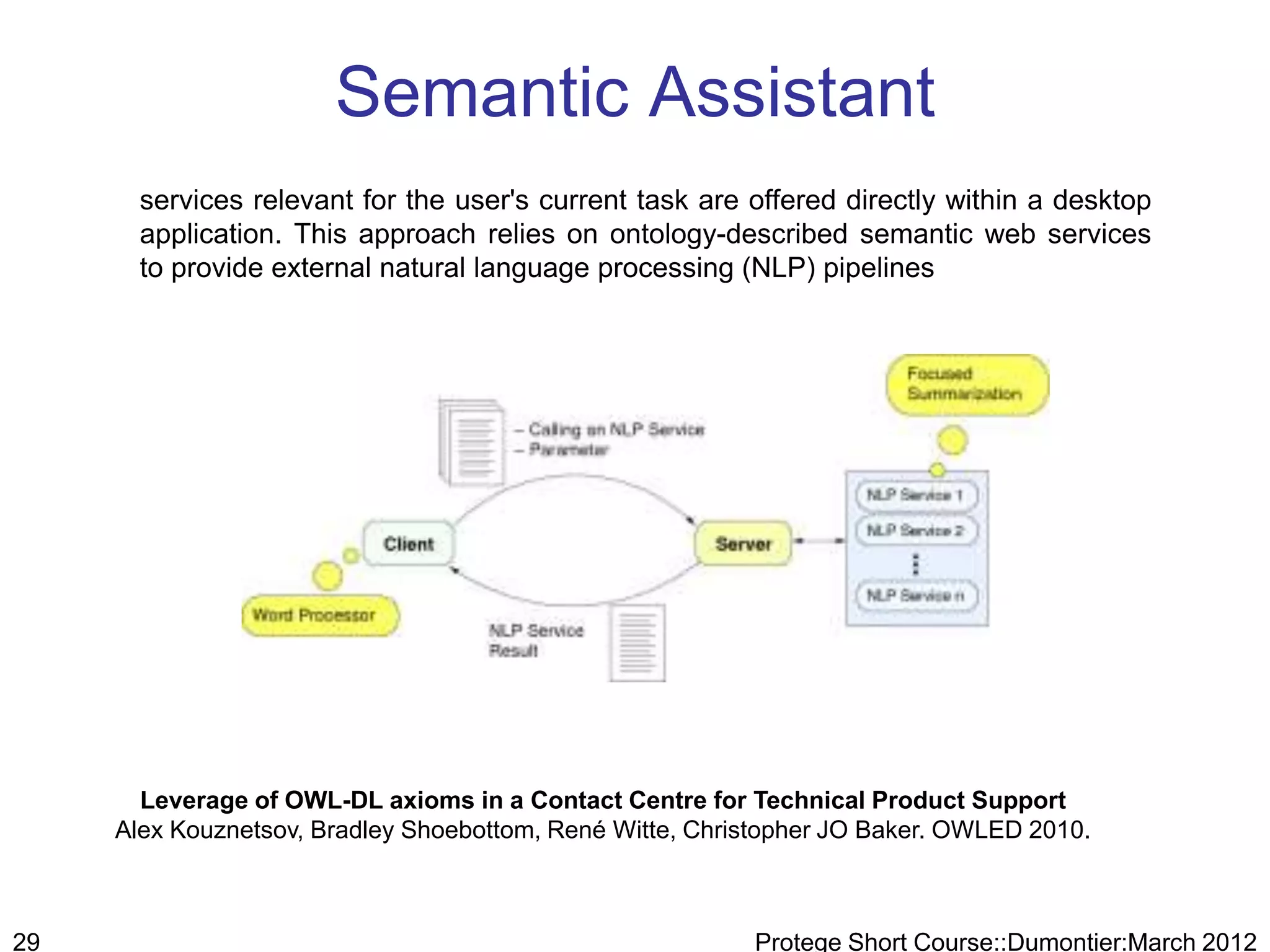 Semantic Assistant
       services relevant for the user's current task are offered directly within a desktop
       application. This approach relies on ontology-described semantic web services
       to provide external natural language processing (NLP) pipelines




       Leverage of OWL-DL axioms in a Contact Centre for Technical Product Support
     Alex Kouznetsov, Bradley Shoebottom, René Witte, Christopher JO Baker. OWLED 2010.



29                                                        Protege Short Course::Dumontier:March 2012
 
