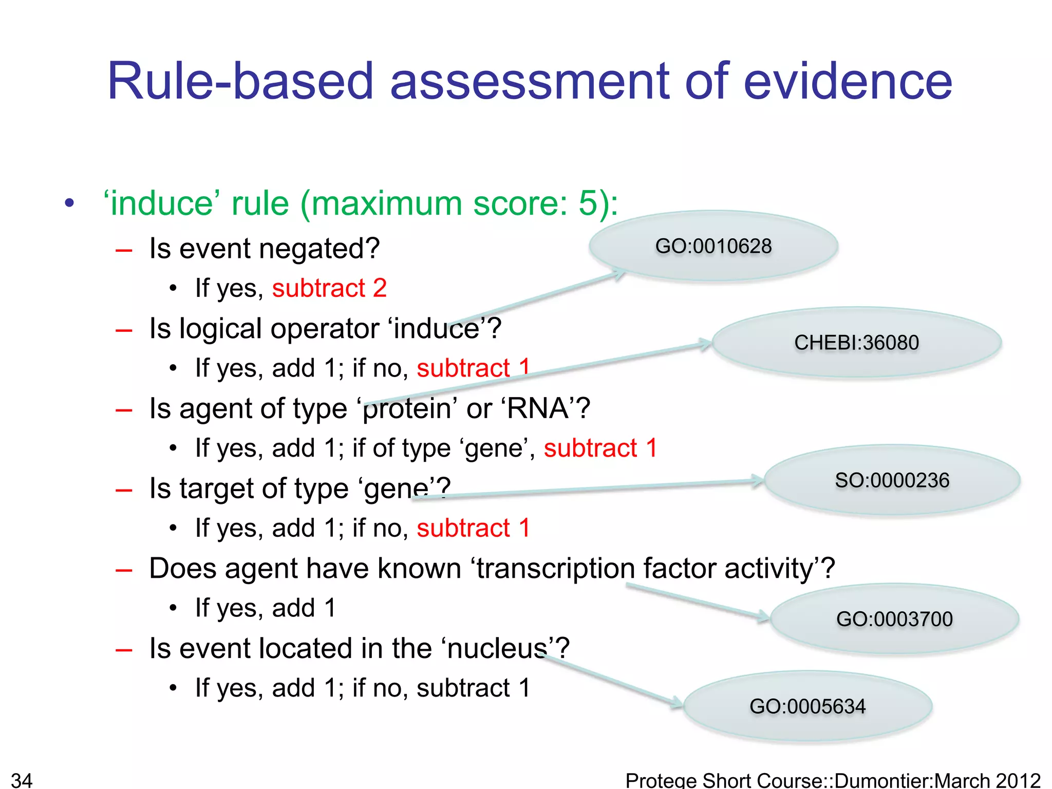 Rule-based assessment of evidence

     • „induce‟ rule (maximum score: 5):
        – Is event negated?                              GO:0010628

            • If yes, subtract 2
        – Is logical operator „induce‟?                                CHEBI:36080
            • If yes, add 1; if no, subtract 1
        – Is agent of type „protein‟ or „RNA‟?
            • If yes, add 1; if of type „gene‟, subtract 1
        – Is target of type „gene‟?                                        SO:0000236

            • If yes, add 1; if no, subtract 1
        – Does agent have known „transcription factor activity‟?
            • If yes, add 1                                                GO:0003700
        – Is event located in the „nucleus‟?
            • If yes, add 1; if no, subtract 1
                                                                  GO:0005634


34                                                    Protege Short Course::Dumontier:March 2012
 