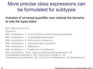 More precise class expressions can
         be formulated for subtypes
     Inclusion of universal quantifier now restricts the domains
     to only the types listed

     R2A EquivalentTo:
     Protein
     AND hasDomain 2 ProteinTyrosinePhosphataseDomain
     AND hasDomain 1 TransmembraneDomain
     AND hasDomain 4 FibronectinDomains
     AND hasDomain 1 ImmunoglobulinDomain
     AND hasDomain 1 MAMDomain
     AND hasDomain 1 Cadherin-LikeDomain
     AND hasDomain only (TyrosinePhosphataseDomain OR
     TransmembraneDomain OR FibronectinDomain OR
     ImnunoglobulinDomain OR Clathrin-LikeDomain OR ManDomain)



17                                        Protege Short Course::Dumontier:March 2012
 