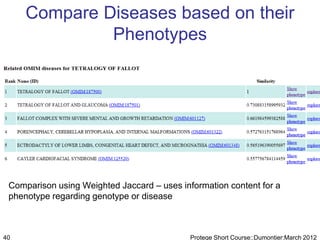 Compare Diseases based on their
              Phenotypes




 Comparison using Weighted Jaccard – uses information content for a
 phenotype regarding genotype or disease



40                                           Protege Short Course::Dumontier:March 2012
 