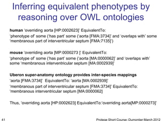 Inferring equivalent phenotypes by
        reasoning over OWL ontologies
     human „overriding aorta [HP:0002623]‟ EquivalentTo:
     „phenotype of‟ some („has part‟ some („aorta [FMA:3734]‟ and „overlaps with‟ some
     „membranous part of interventricular septum [FMA:7135]‟)

     mouse „overriding aorta [MP:0000273 ]‟ EquivalentTo:
     „phenotype of‟ some („has part‟ some („aorta [MA:0000062]‟ and „overlaps with‟
     some „membranous interventricular septum [MA:0002939]‟

     Uberon super-anatomy ontology provides inter-species mappings
     „aorta [FMA:3734]‟ EquivalentTo: „aorta [MA:0002939]‟
     „membranous part of interventricular septum [FMA:3734]‟ EquivalentTo:
     „membranous interventricular septum [MA:0000062]

     Thus, „overriding aorta [HP:0002623] EquivalentTo:„overriding aorta[MP:0000273]‟



41                                                   Protege Short Course::Dumontier:March 2012
 