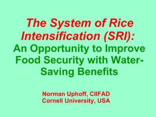 The System of Rice Intensification (SRI):  An Opportunity to Improve Food Security with Water-Saving Benefits Norman Uphoff, CIIFAD Cornell University, USA 