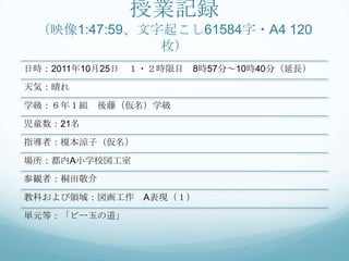 授業記録
 （映像1:47:59、文字起こし61584字・A4 120
              枚）
日時：2011年10月25日   １・２時限目   8時57分～10時40分（延長）

天気：晴れ

学級：６年１組    後藤（仮名）学級

児童数：21名

指導者：榎本涼子（仮名）

場所：都内A小学校図工室

参観者：桐田敬介

教科および領域：図画工作      A表現（１）

単元等：「ビー玉の道」
 