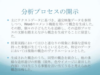 分析プロセスの開示
 主にテクストデータに基づき、適宜映像データを参照
 しつつ、Wordのコメント機能を用いて概念を生成した。
 その際、個々の子どもたちを追跡し、その造形プロセ
 スの文脈を踏まえながら概念を生成することに留意し
 た。

 授業実践においてはひと連なりの現象に多様な意味を
 持った事態が生じているといえるため、特定のデータ
 においては複数の概念のヴァリエーションとした。

 生成された概念のうち、同型の概念を統合し、他の多
 様な造形遊びの形態（屋外、色やイメージに着目した
 内容）では生じうる事態を言い当てうると考えられた
 概念は残した。
 