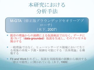 本研究における
          分析手法
 M-GTA（修正版グラウンデッドセオリーアプ
           ローチ）
          （木下, 2007）
 既存の理論からの演繹による仮説検証ではなく、データに
 基づいて（data-grounded）仮説を生成し、そのプロセスを
 開示する

 一般理論ではなく、ヒューマンサービス領域において生じ
 る現象の再現・予測・制御を可能にする「具体理論」を構
 築する
 Fit and Workをめざし、仮説を実践現場の経験から検討する
 「修正可能性」に開かれている（木下, 1999）
 