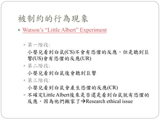 被制約的行為現象
 Watson’s “Little Albert” Experiment
 第一階段:
小嬰兒看到白鼠(CS)不會有恐懼的反應，但是聽到巨
響(US)會有恐懼的反應(UR)
 第二階段:
小嬰兒看到白鼠後會聽到巨響
 第三階段:
小嬰兒看到白鼠會產生恐懼的反應(CR)
 不確定Little Albert後來是否還是看到白鼠就有恐懼的
反應，因為他們搬家了Research ethical issue
 